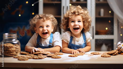 Happy family and playful children baking cookies in a modern kitchen. Concept of creative and joyful childhood.Generative AI