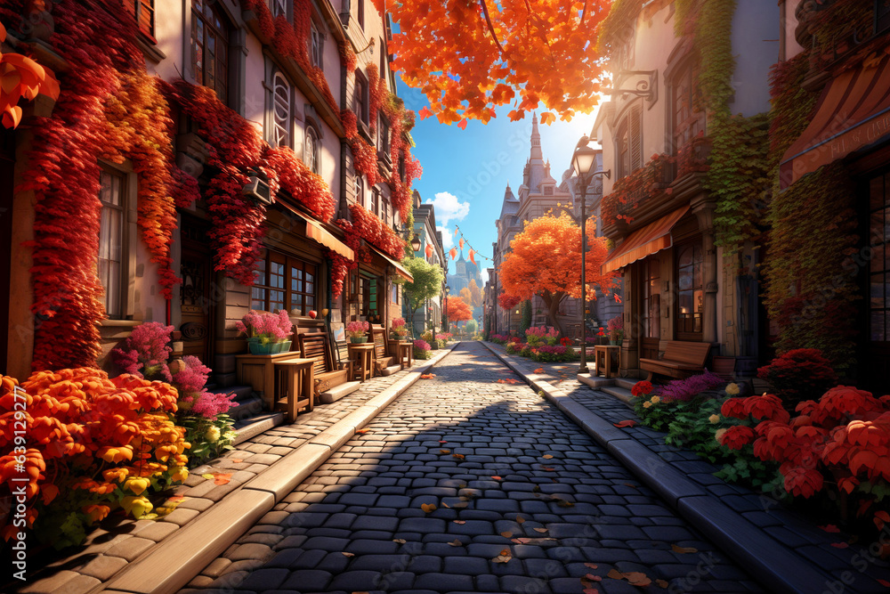 Fototapeta premium illustraition of cute cobblestsone street on warm autumn day, covered with orange fallen leaves and decorated with colorful flowers