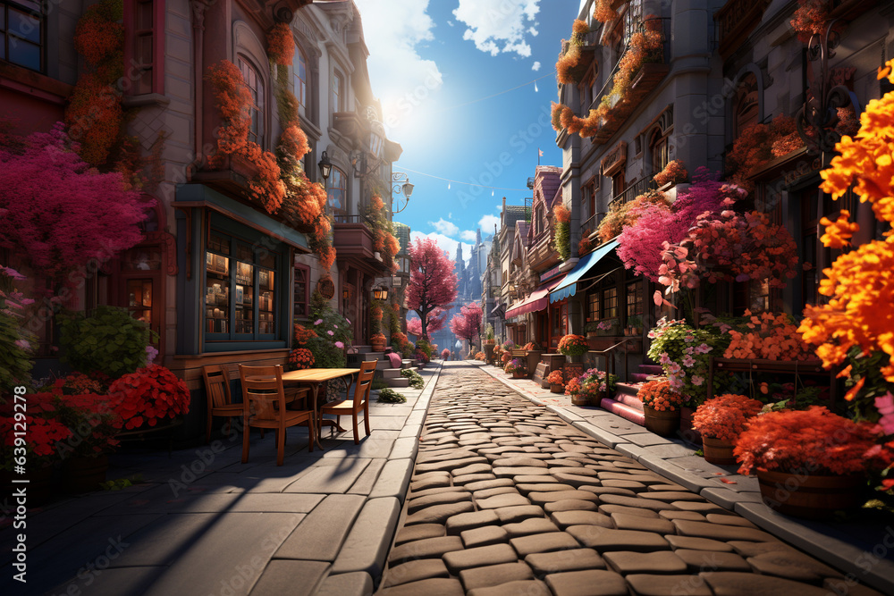 illustraition of cute cobblestsone street on warm autumn day, covered with orange fallen leaves and decorated with colorful flowers