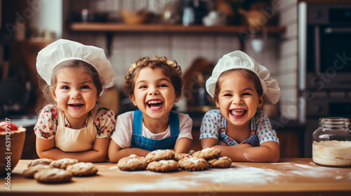 Happy family and playful children baking cookies in a modern kitchen. Concept of creative and joyful childhood.Generative AI