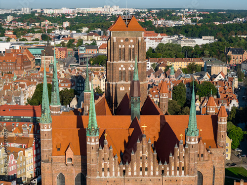 Gdansk Aerial View. Town Hall and St. Mary's Basilica. Historical Old City of Gdansk and Motlawa River, Gdansk, Pomerania, Poland, Europe. 
