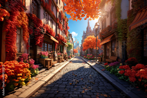 illustraition of cute cobblestsone street on warm autumn day, covered with orange fallen leaves and decorated with colorful flowers