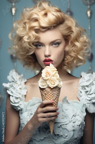 Woman wears a light blue dress and eats ice cream in cone on a blue background