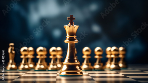 Golden queen stands as the leader on the chessboard in a game symbolizing business strategy, success, management, and modern leadership concepts, including disruption and planning.Generative AI