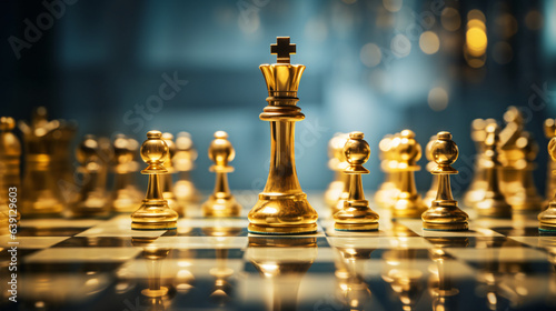 Golden queen stands as the leader on the chessboard in a game symbolizing business strategy, success, management, and modern leadership concepts, including disruption and planning.Generative AI