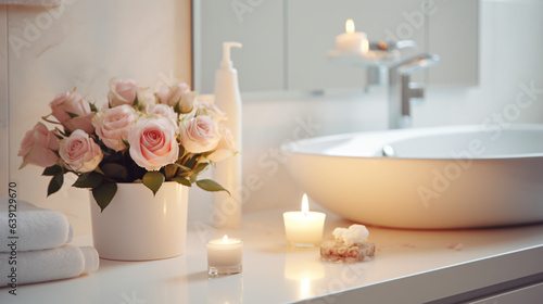Elegant white bathroom interior featuring a modern vessel sink, rose, and candles. Romantic zen atmosphere with burning scented candles and a rose.Generative AI
