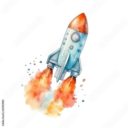 Watercolor rocket in space,transparent background