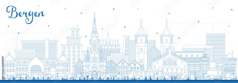 Outline Bergen Norway City Skyline with Blue Buildings. Bergen Cityscape with Landmarks.