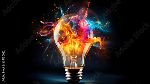 Creative light bulb bursting with vibrant paint and splatters against a dark background. A concept for thinking differently and fostering creativity.Generative AI