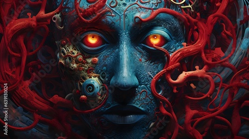 Surreal painting of human face. Poster, t-shirt print, cover.