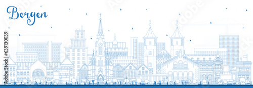 Outline Bergen Norway City Skyline with Blue Buildings. Bergen Cityscape with Landmarks.