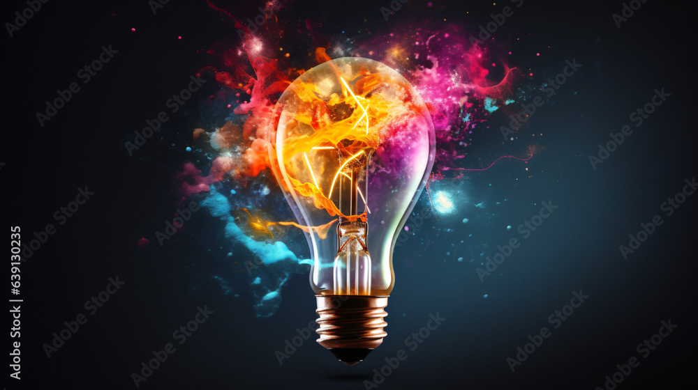 Creative light bulb bursting with vibrant paint and splatters against a dark background. A concept for thinking differently and fostering creativity.

Generative AI - obrazy, fototapety, plakaty 