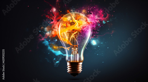 Creative light bulb bursting with vibrant paint and splatters against a dark background. A concept for thinking differently and fostering creativity.

Generative AI