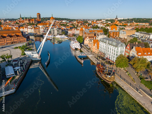 Gdansk Aerial View. Historical Old City of Gdansk and Motlawa River  Gdansk  Pomerania  Poland  Europe. 