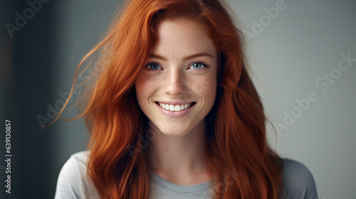 Close-up of a joyful and attractive young woman with long, wavy red hair and freckles, wearing a fashionable t-shirt, appearing happy and smiling, set against a background.Generative AI