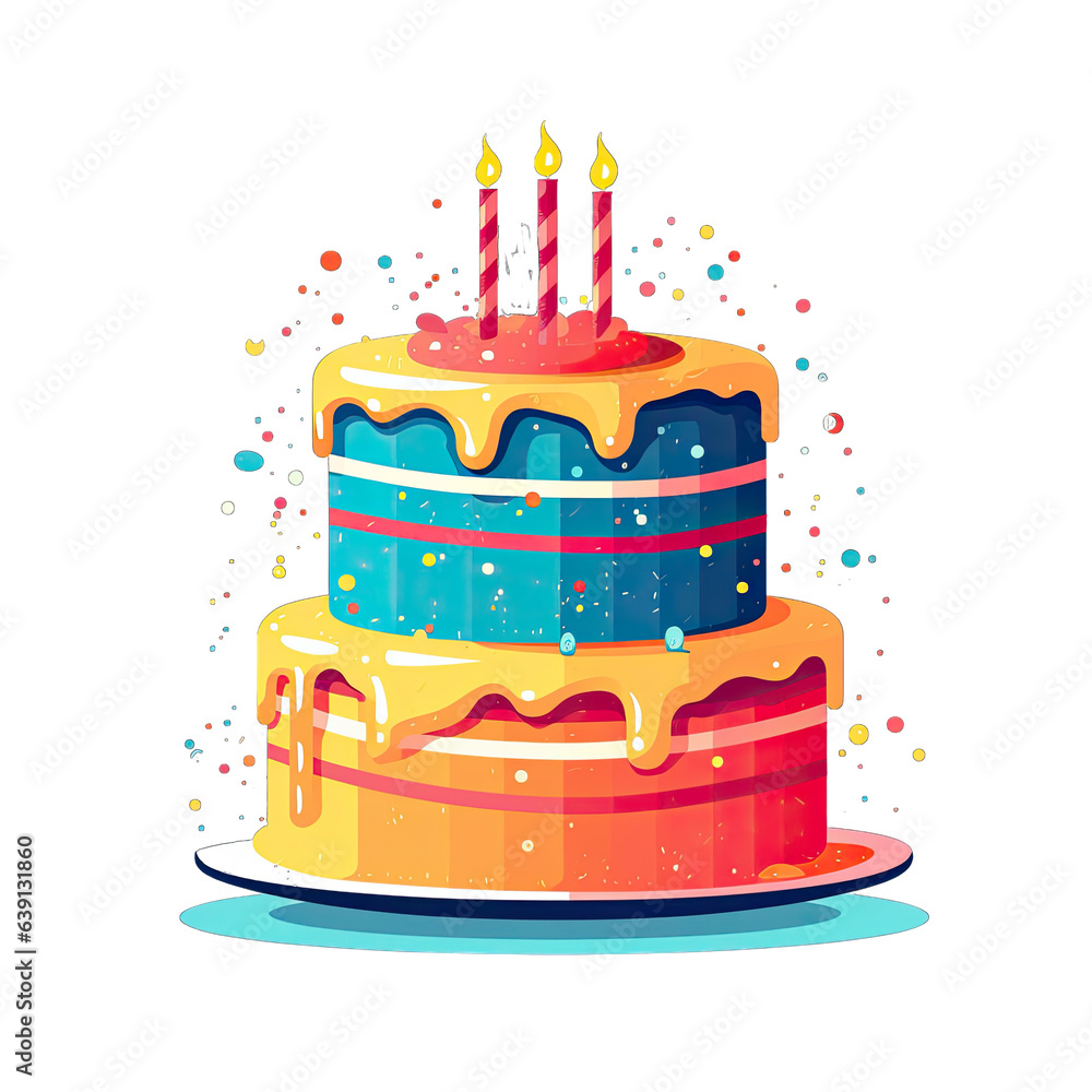 Blue, yellow and orange birthday cake with candles on a white