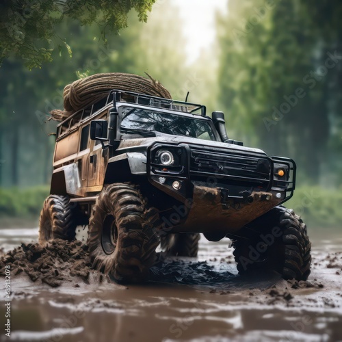 Four-wheel vehicle through the mud in the forest.generative AI