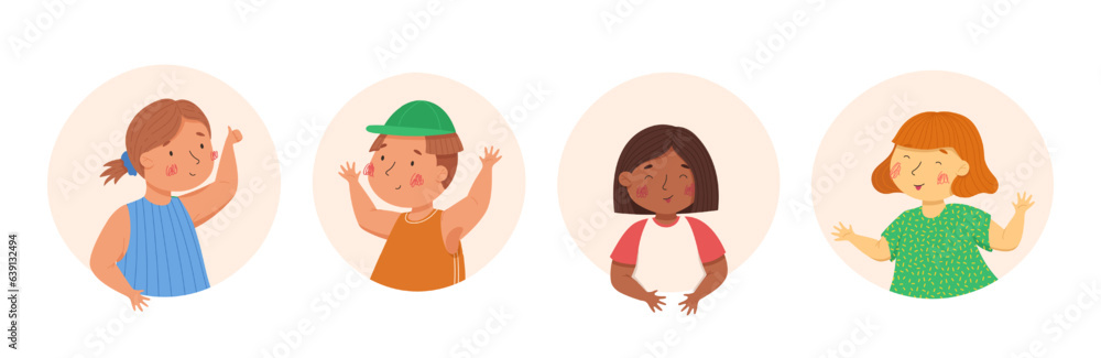 Happy children in the colorful circles and the white background. Vector cartoon illustration. Multiculturalism and diversity. Boys and girls with funny faces and emotions. Cute kids characters. Ideal Happy children in the colorful circles and the white background. Vector cartoon illustration. Multiculturalism and diversity. Boys and girls with funny faces and emotions. Cute kids characters. Ideal