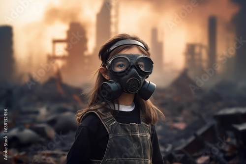 A child in gas mask against backdrop of factories polluting air with emissions