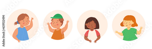 Happy children in the colorful circles and the white background. Vector cartoon illustration. Multiculturalism and diversity. Boys and girls with funny faces and emotions. Cute kids characters. Ideal