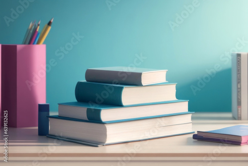 Wallpaper Mural Books stacked on the table in the room. generative AI Torontodigital.ca