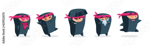 Ninja Funny Warrior Character in Samurai Costume Vector Set