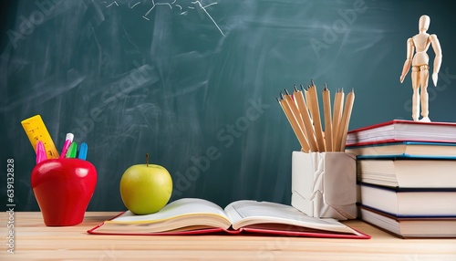 School supplies layout. Side view photo of desk setup with pencils organizer, ruler, books, red apple, mannequin body, and more on chalkboard background. Great for educational content or advertising 
