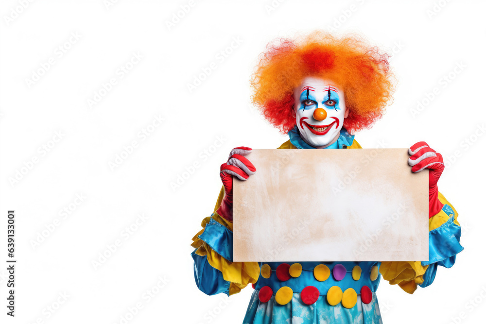 Funny cheerful clown with blank board isolated on white background. Generative Ai
