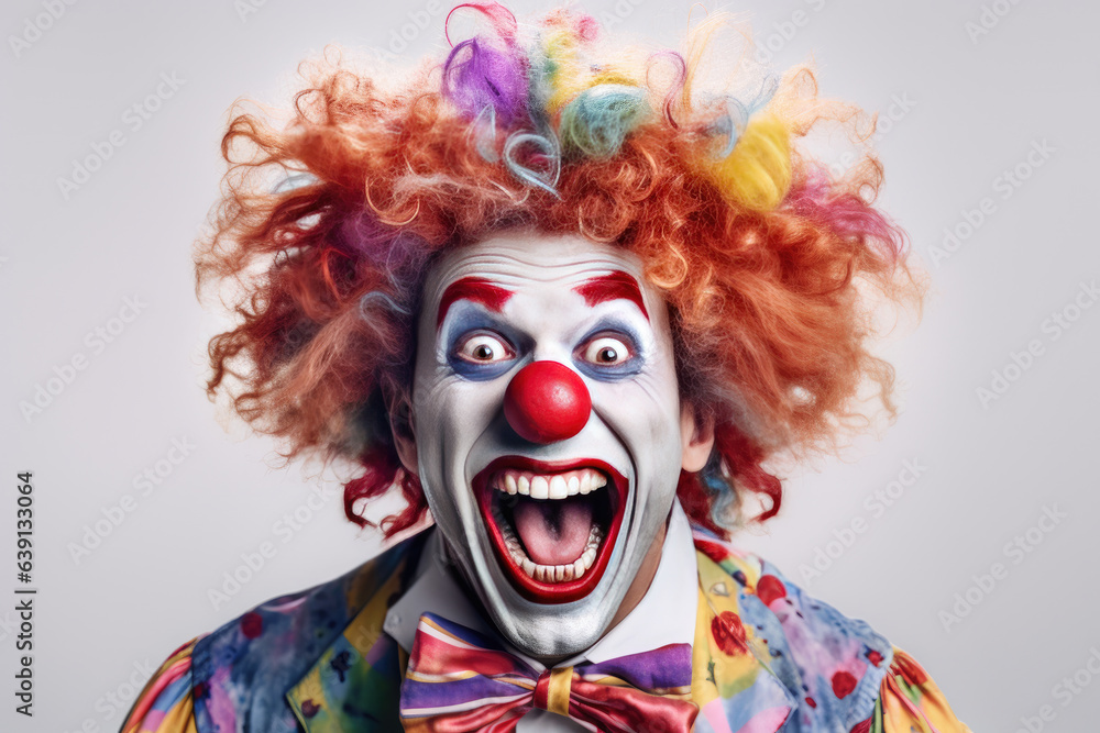 a funny cheerful screaming clown isolated on white background. Generative Ai