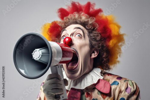 Happy clown screaming into loudspeaker making wide steps isolated on white background. Generative Ai