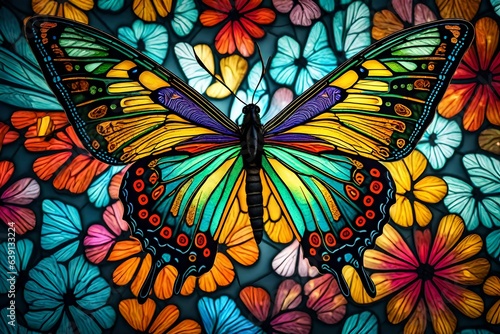 A vibrant butterfly with intricate patterns on its wings  inspired by stained glass art and radiating vivid colors