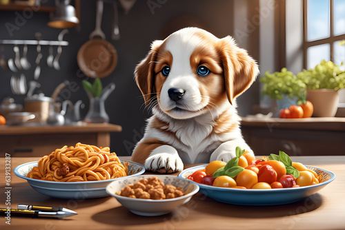 a puppy with delicious food
