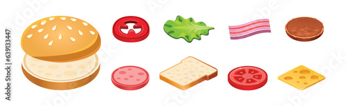 Sandwich Ingredients Isometric Icon and Elements Vector Set
