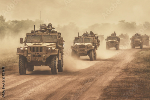 Military chopper and army vehicles flying and driving entering into the smoke and war . Military concept of power, force, strength, air raid, explosion. Selective Focus