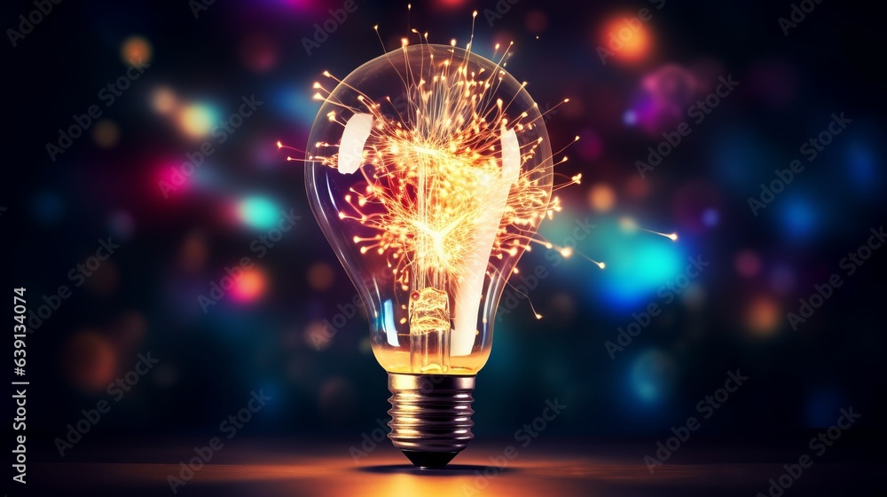 Creative light bulb explodes with colorful paint and colors. New idea, brainstorming concept. Banner Creative light bulb explodes with colorful paint and colors. New idea, brainstorming concept. Banner