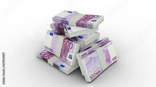3d rendering of Stacks of 500 Euro notes. bundles of Euro currency notes isolated on transparent background