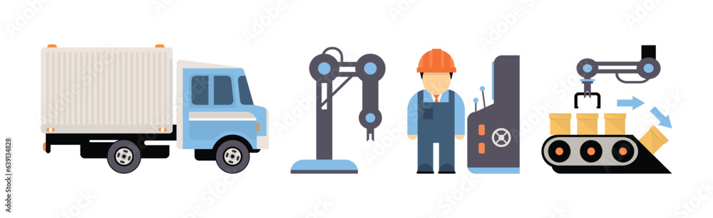 Production Process with Machine Operator Man in Hard Hat Icons Vector Set