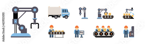 Production Process with Machine Operator Man in Hard Hat Icons Vector Set