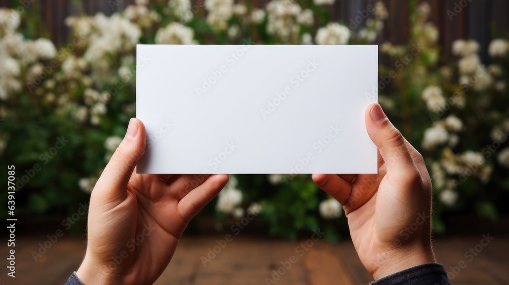 Female hands holding a blank card with a bouquet of flowers. Female hands holding a blank card with a bouquet of flowers.