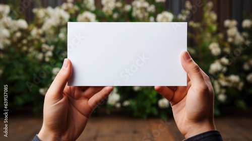 Female hands holding a blank card with a bouquet of flowers.
