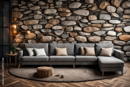 Cozy sofa on wild stone cladding wall background, rustic lounge area interior design