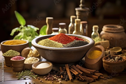 Spices and herbs in wooden bowl adorn table