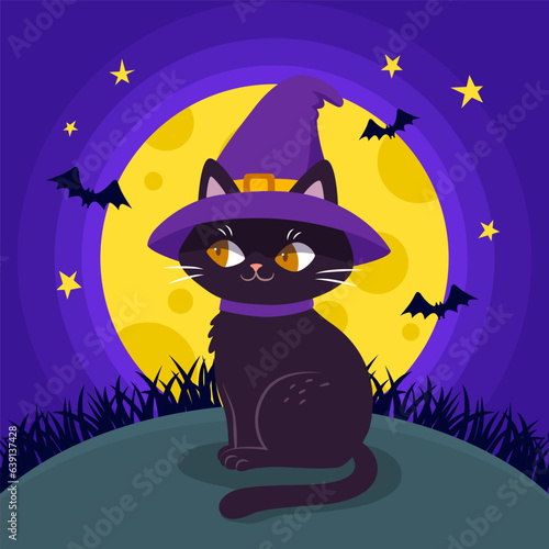 Halloween black cat in witch hat sits on the grass near the full moon