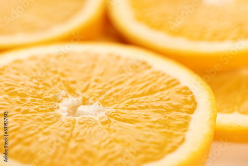 Micro close up of sliced orange and copy space