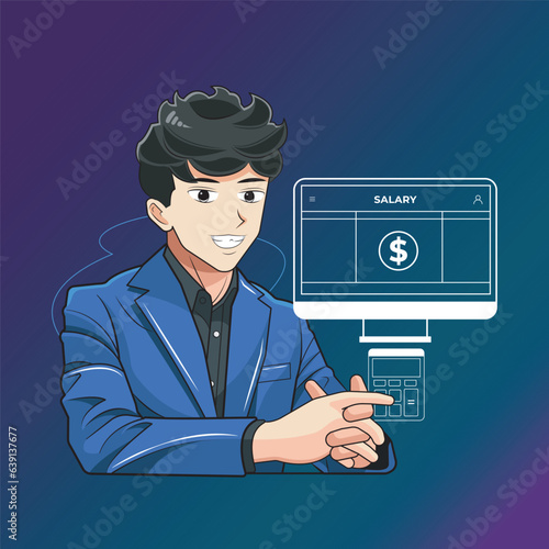 Businessman Illustration. Calculating and filling salary payslip vector illustration