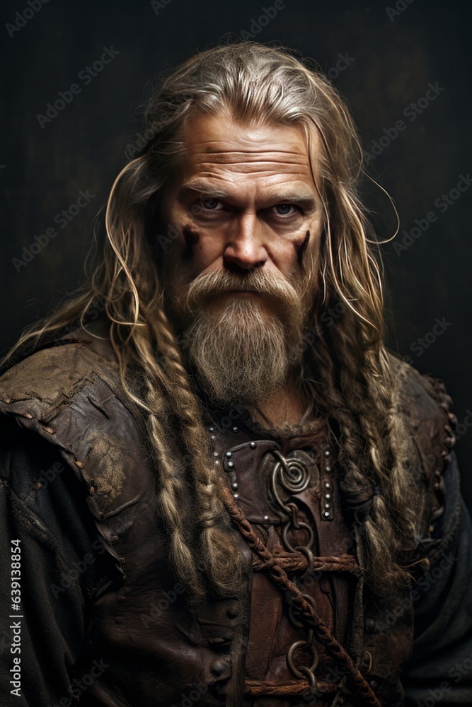 Close up scandinavian man, long gray hair beard model, old sailing boat Close up scandinavian man, long gray hair beard model, old sailing boat