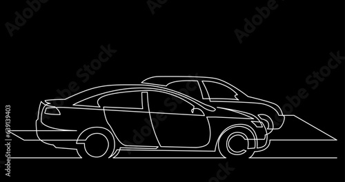 continuous line drawing vector illustration with FULLY EDITABLE STROKE of car on black background