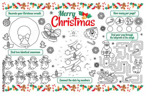 Festive placemat for children. Printable sheet "Merry Christmas" with a labyrinth, connect the dots, and a coloring page. 17x11 inch printable vector file
