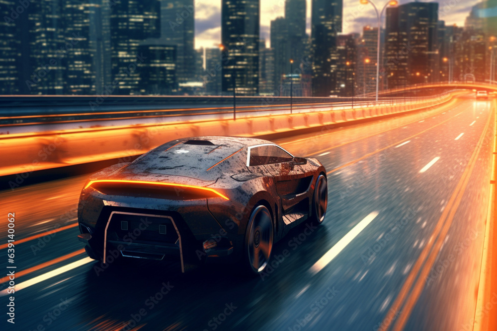 High speed luxury sport driving in the city - futuristic car concept (with grunge overlay) generic and brand less Generative AI