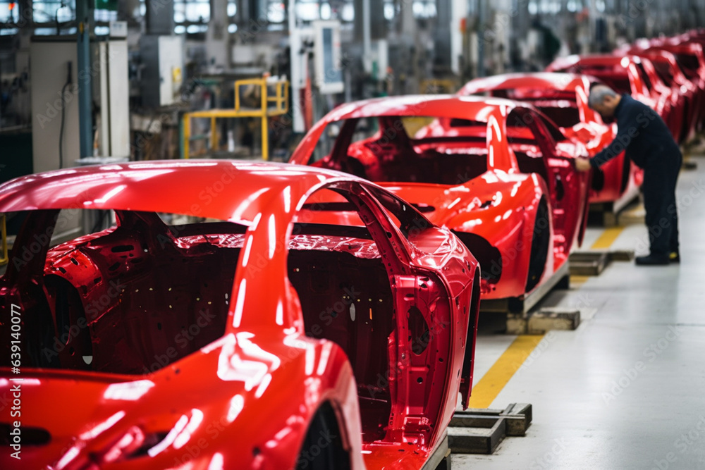 Car assembly line at an innovative factory Generative AI - obrazy, fototapety, plakaty 